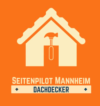 Logo for Seitenpilot Mannheim Dachdecker roofing company featuring house icon with hammer on orange background